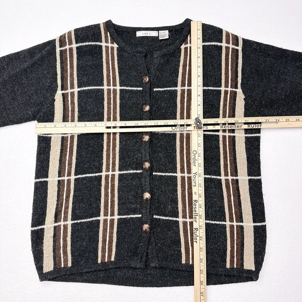 Vintage Cardigan Sweater‎ Women’s Medium Lise J Gray Plaid Grandmacore Old Money - Picture 7 of 9